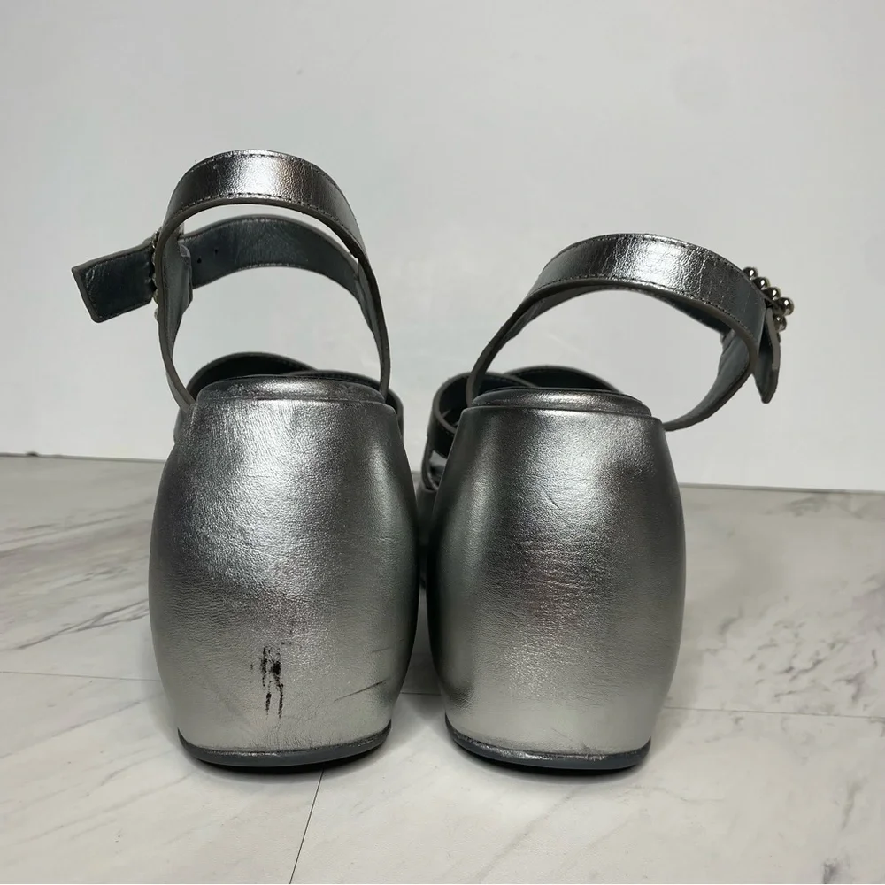 New! Free People Brooklyn Silver Leather Ankle Strap Sandal 9 1/2